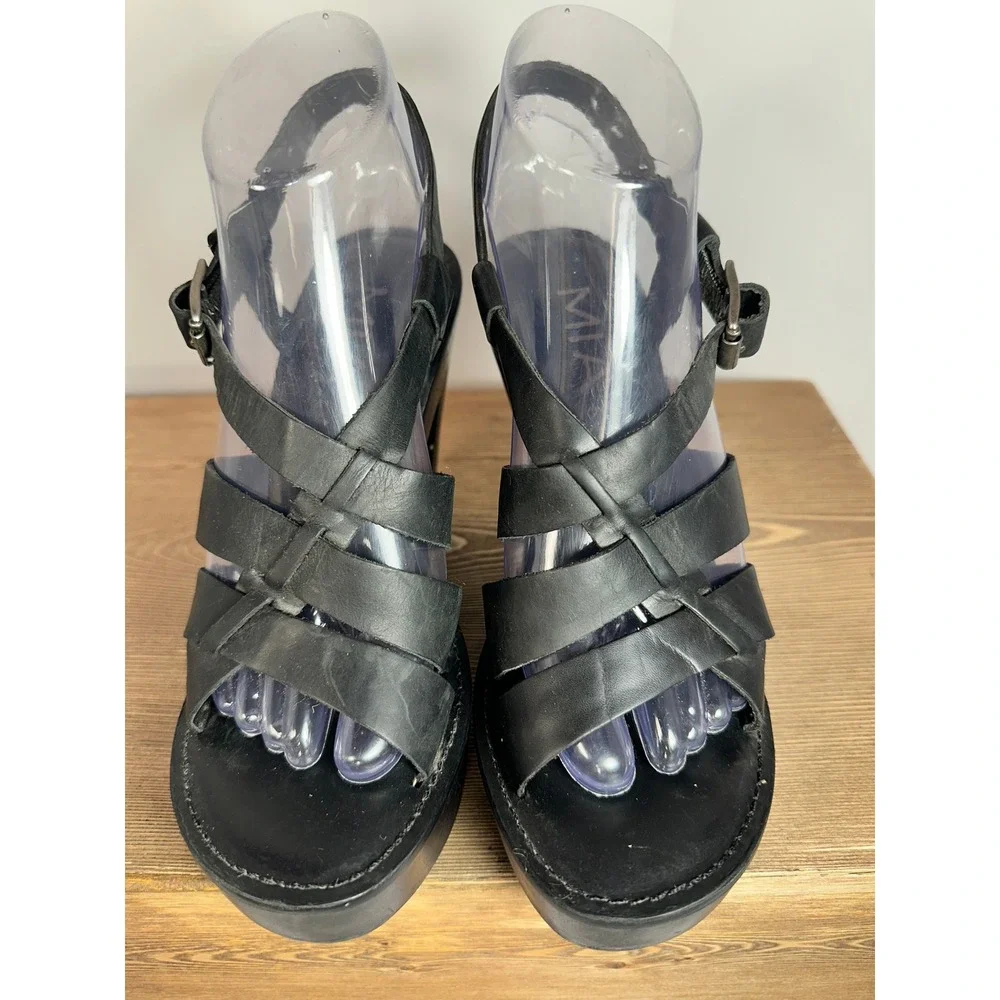 MIA Platform Heels Womens 7M Black Leather Strappy Chunky Platform Y2K Coquette